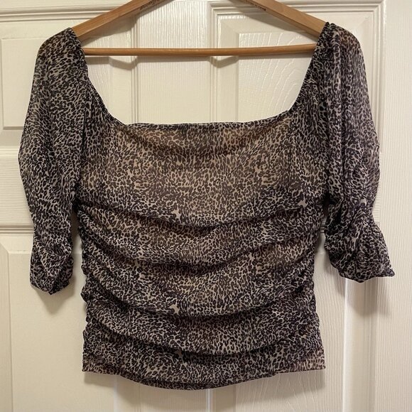 ANTHROPOLOGIE Brown & Cream Leopard Print Off the Shoulder Shirred Mesh … - Picture 8 of 8